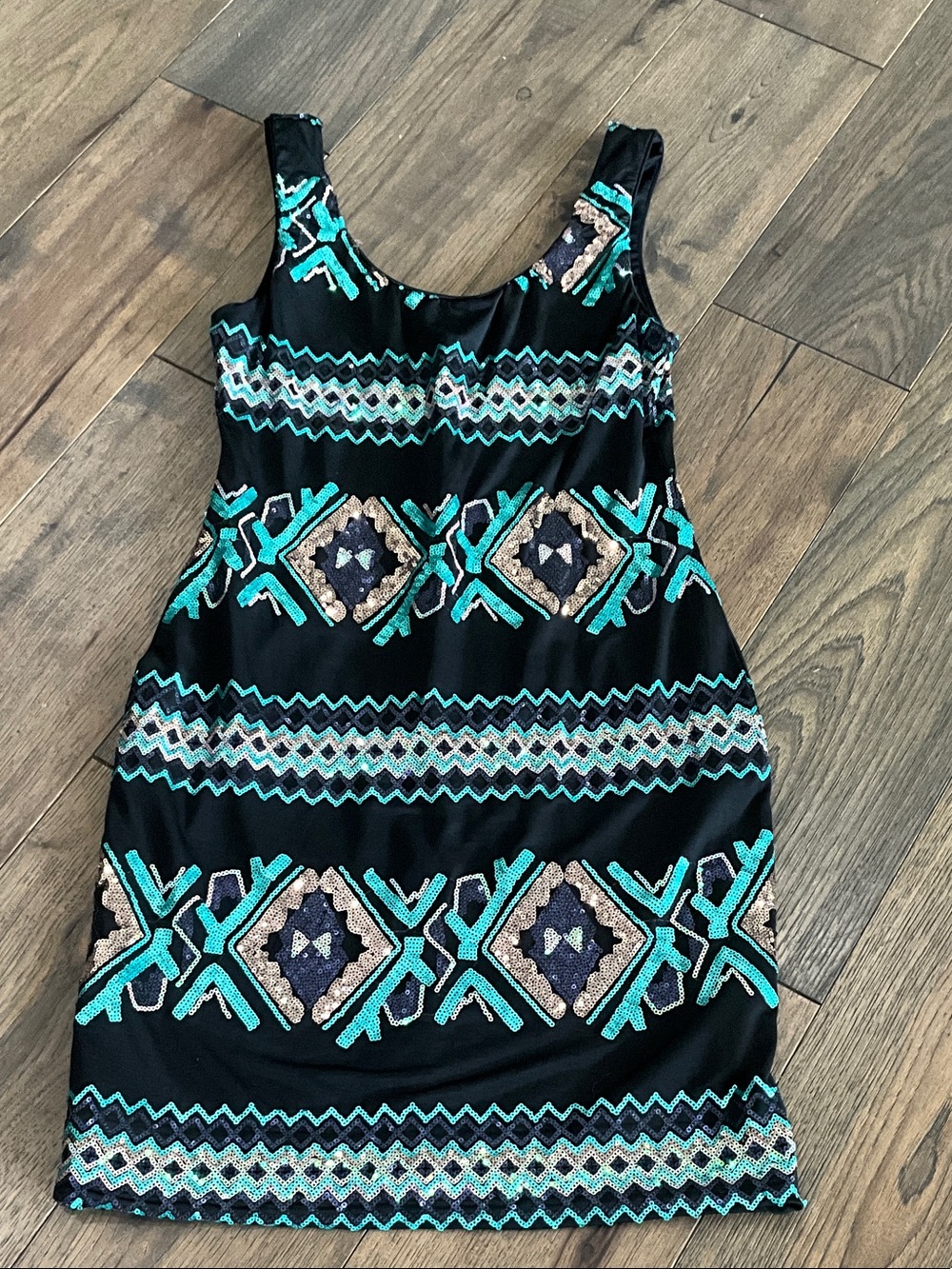 As U Wish Black Dress with Teal & Cream Geometric Embroidery